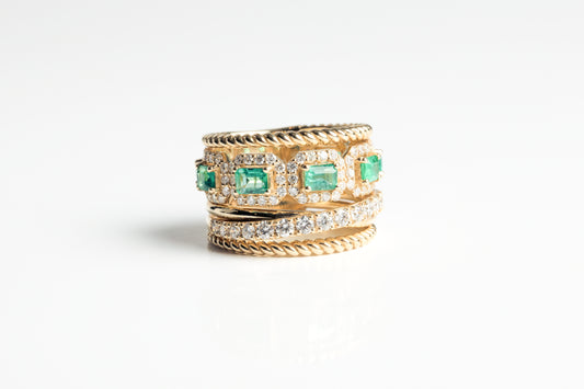 Multi Layer Diamond Ring with Emeralds in 14K Yellow Gold